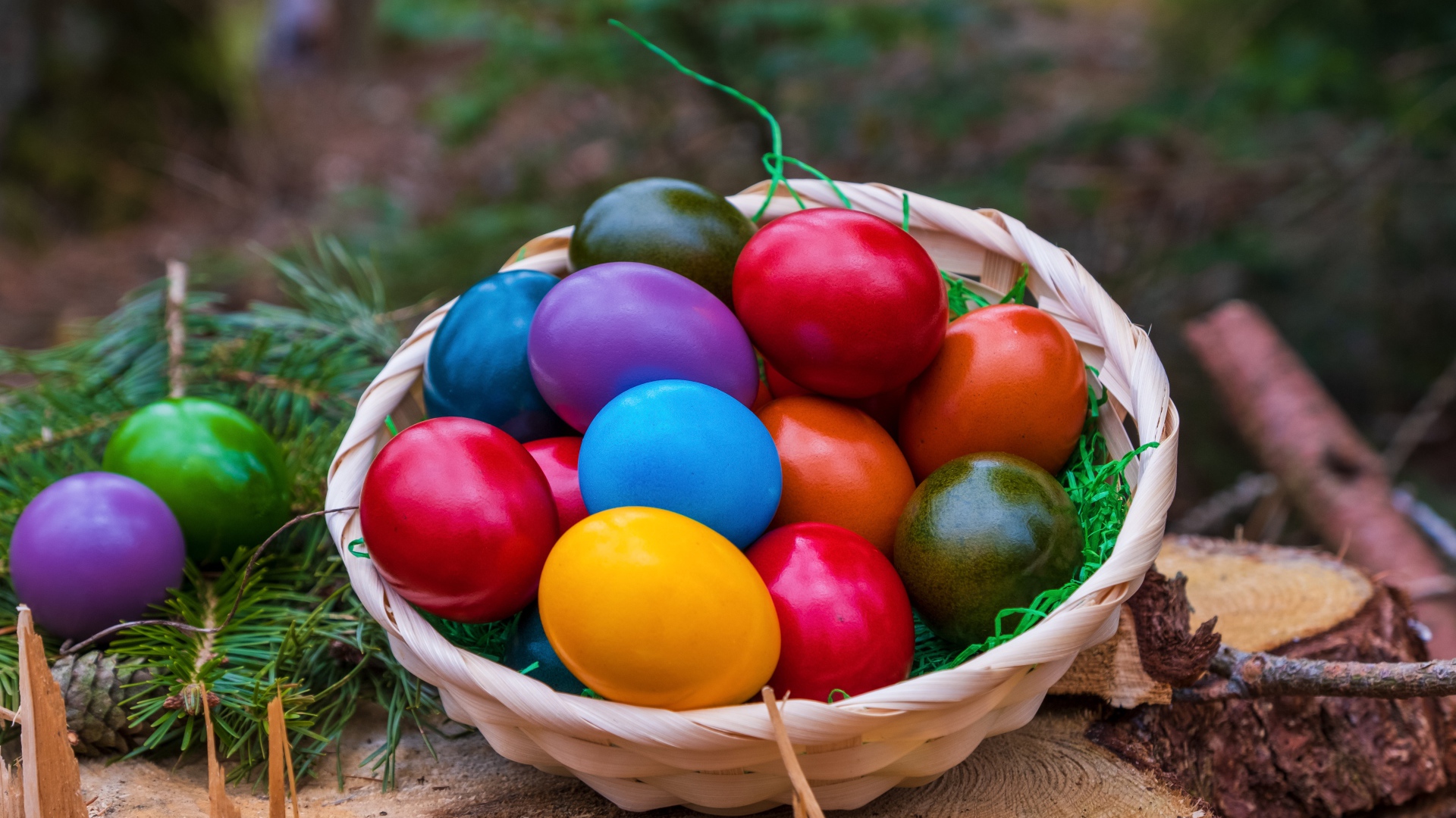 Корзина ярких крашеных яиц на великий праздник Пасха
