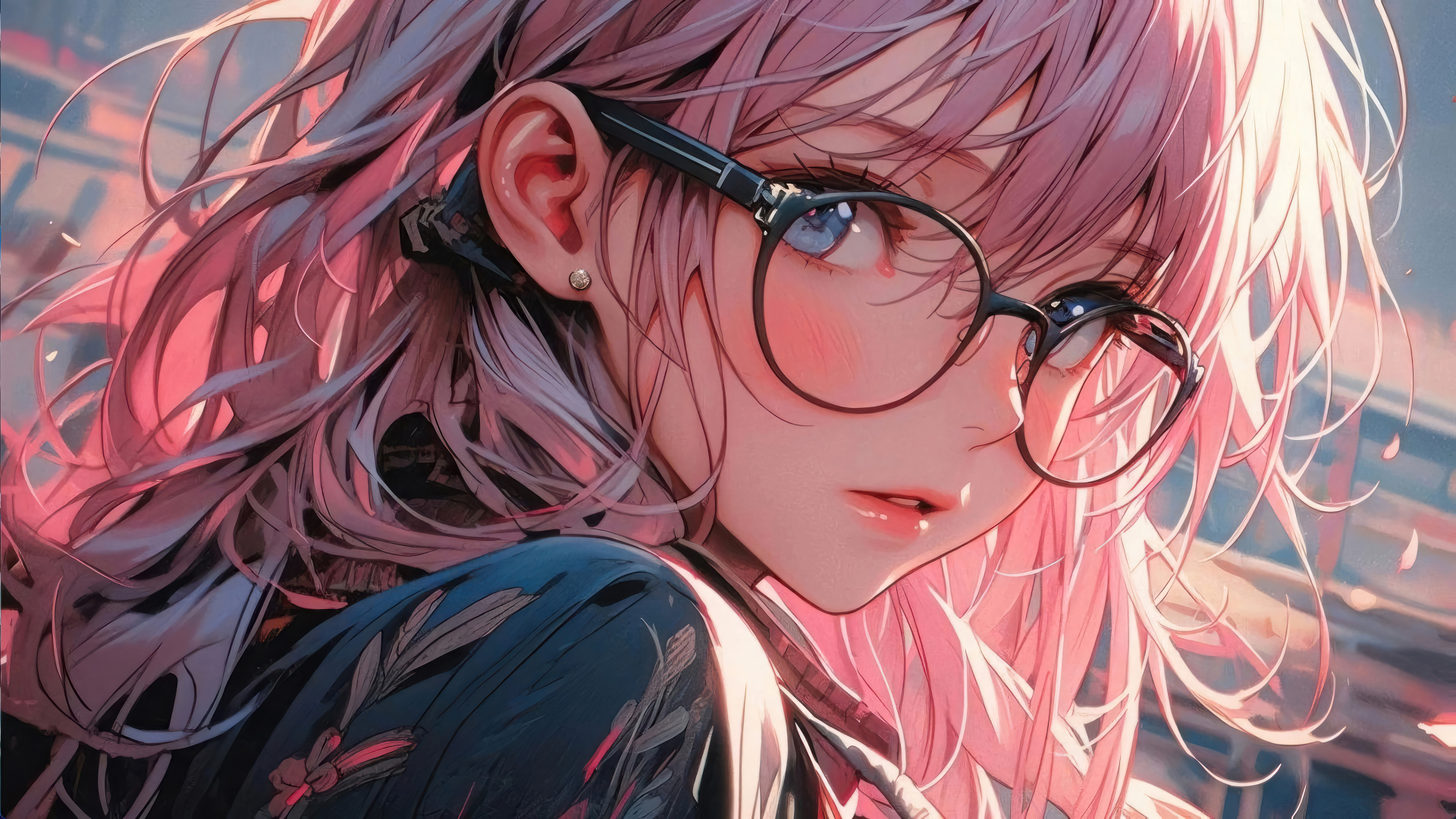 Девушка аниме с розовыми волосами в очках