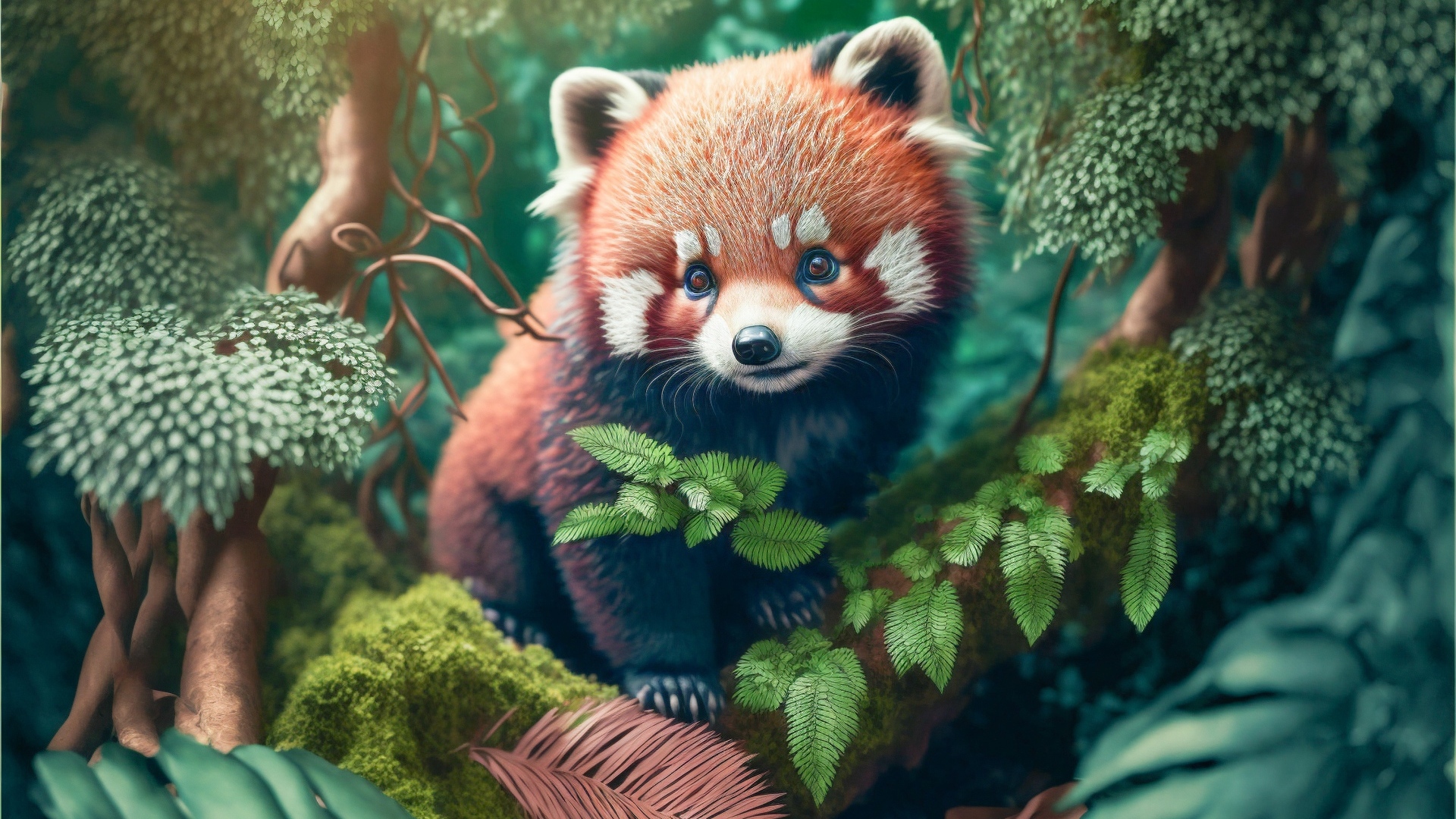 Нарисованная красная панда на ветке дерева