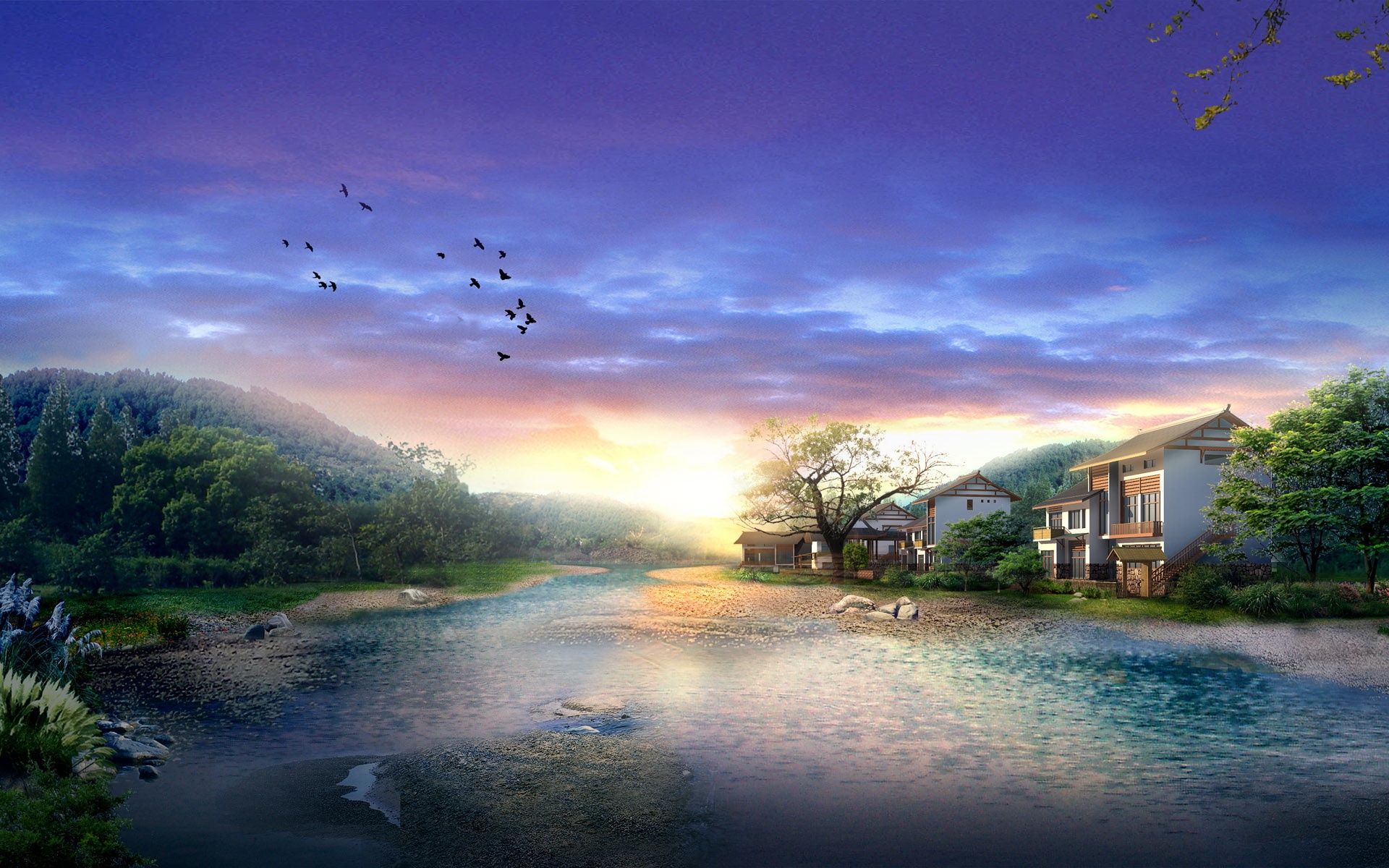 Houses near the river wallpapers and images wallpapers, pictures, photos