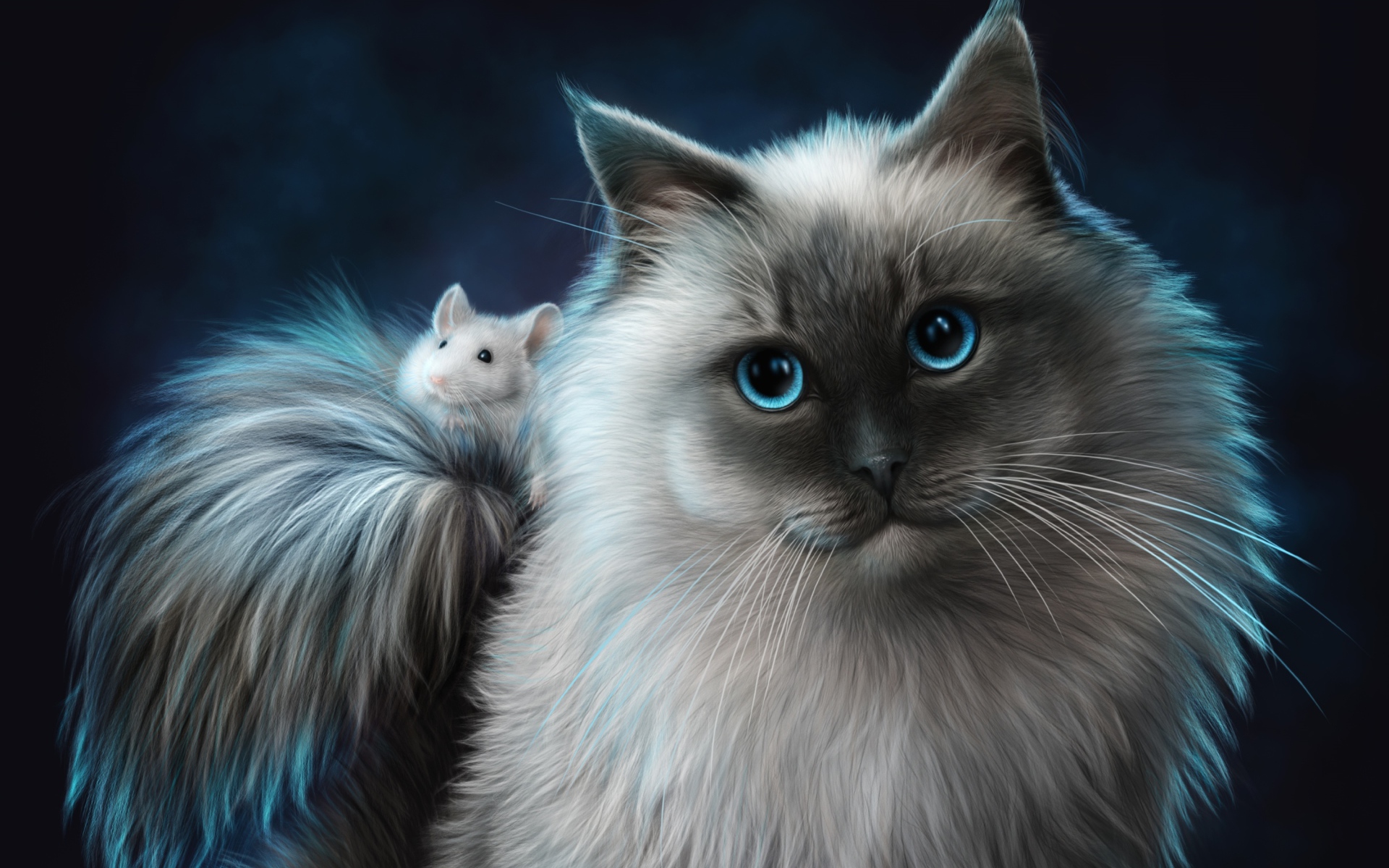 Большой пушистый фантастический кот с белым мышонком