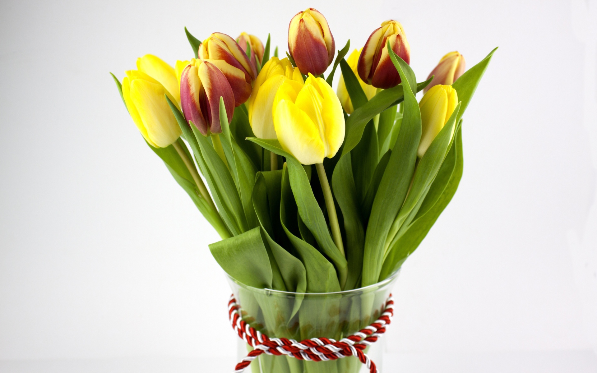 Букет желтых и красно-желтых тюльпанов на сером фоне