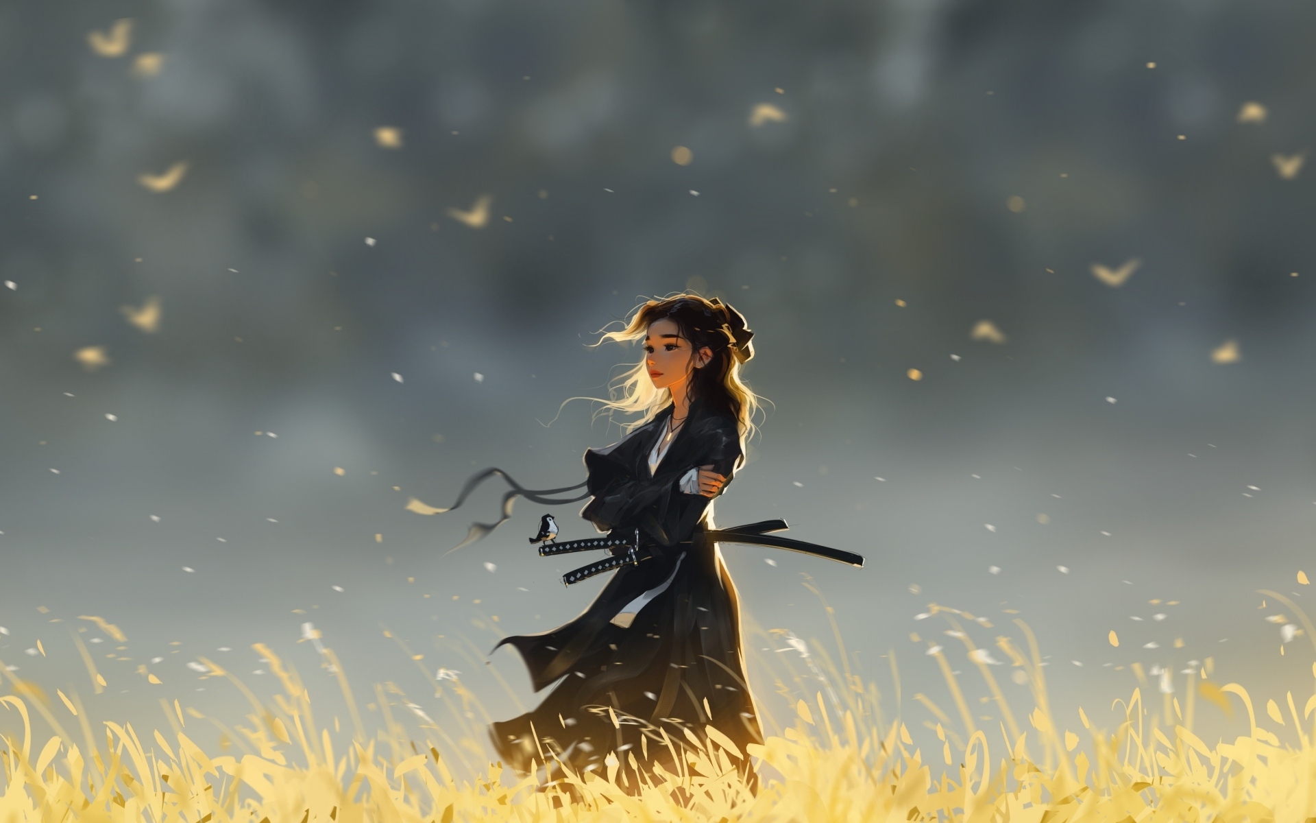 Девушка ниндзя с мечом на поле