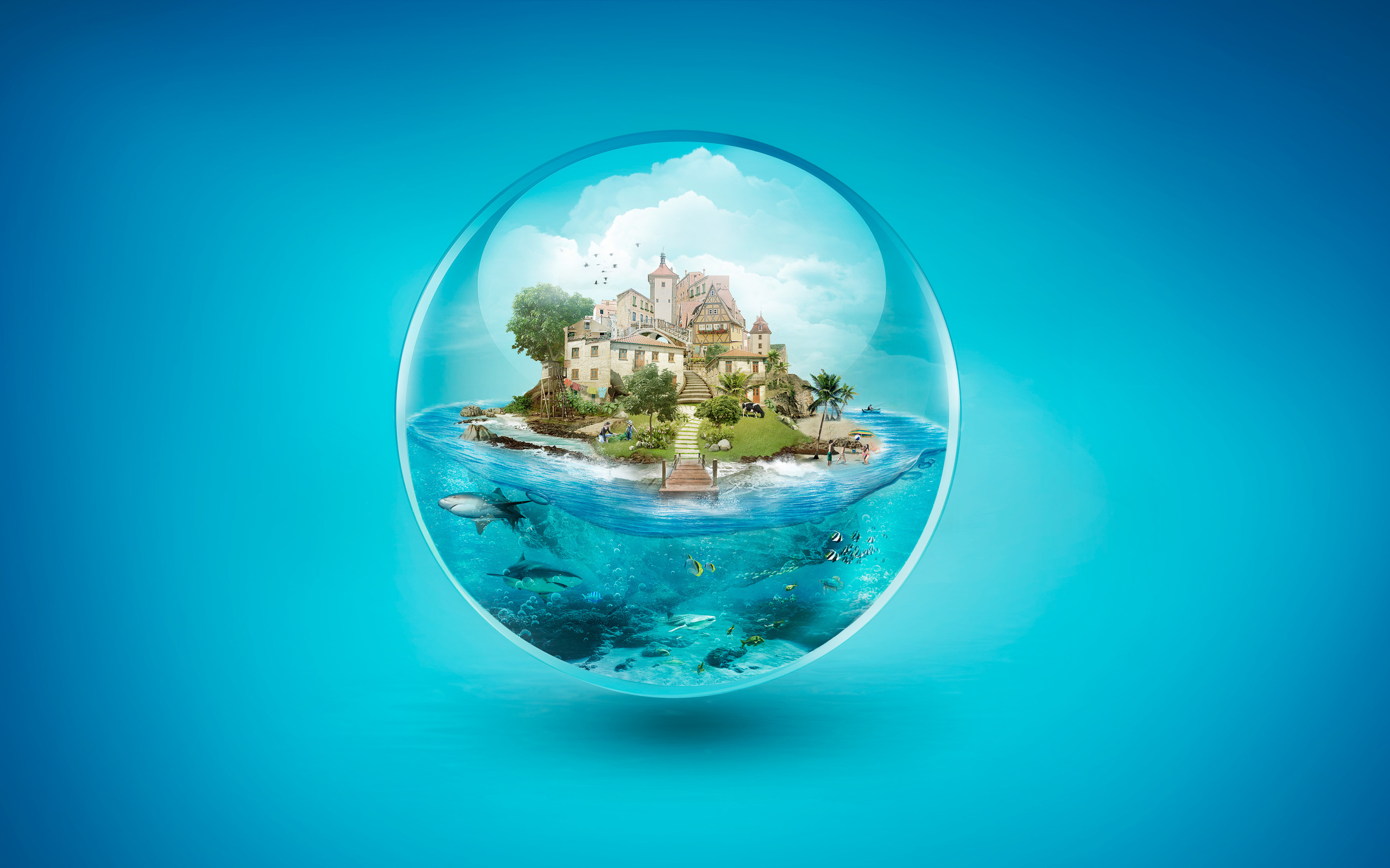 Дом на острове в прозрачном  шаре на голубом фоне 3д графика