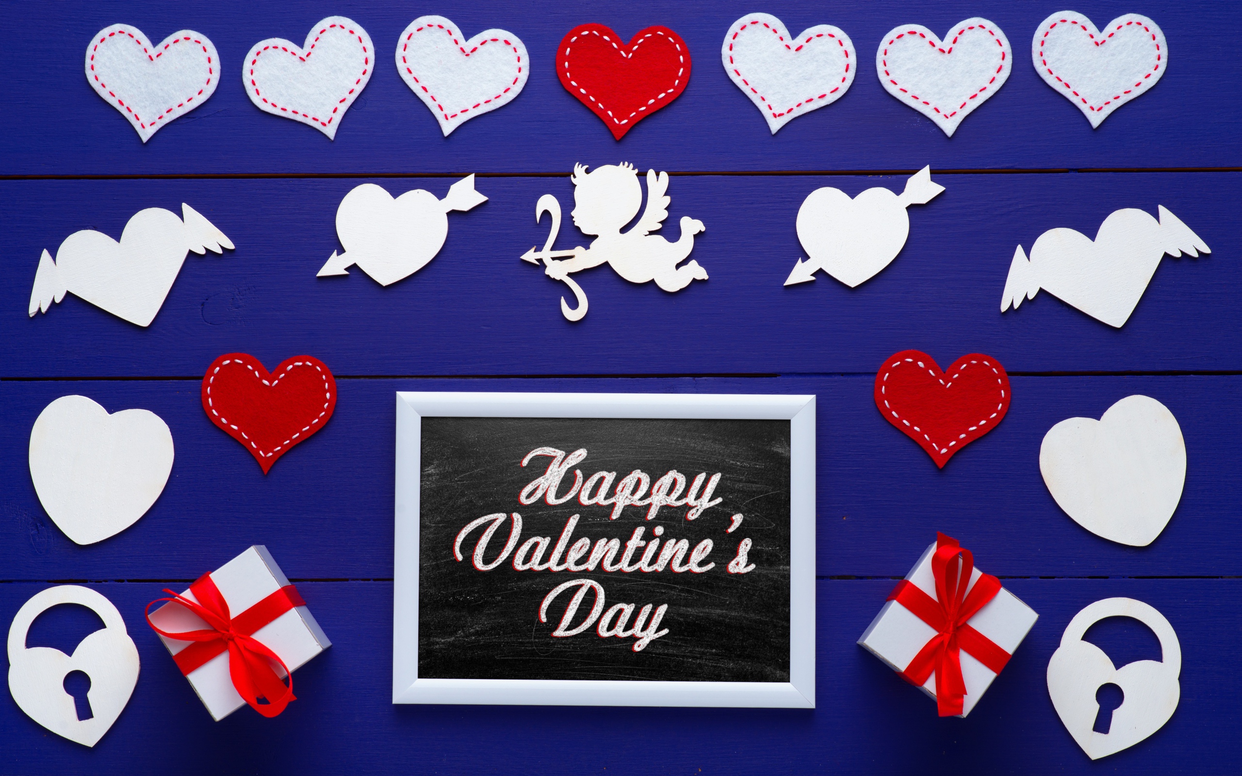 Gifts and hearts on a blue background for Valentine's Day
