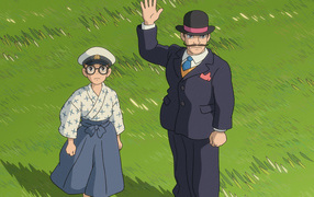 Miyazaki's anime cartoon, the characters on the grass