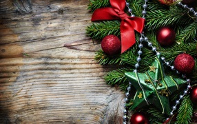 Beautiful decorations on the wooden background on Christmas