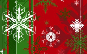 Снежинки разной формы на зелёно-красном фоне на рождество