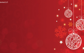 White Christmas decorations on a red background on Christmas