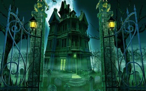 halloween graveyard and house