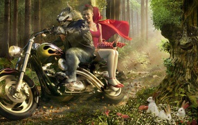 Волк с Красной шапочкой на мотоцикле