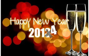 Счастливого Нового Года 2014, бокалы с шампанским и огни