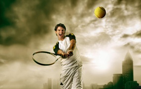 Tennis player hits a ball