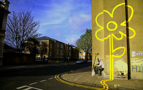 Граффити, жёлтый цветок, Бэнкси