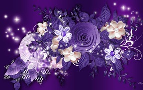 Фиолетовые розы и другие цветы на фиолетовом фоне
