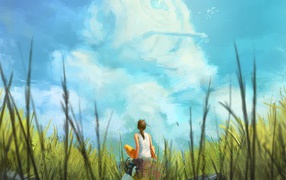 	   The girl looks at the clouds