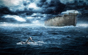 Человек плывет в океане у Ноева ковчега