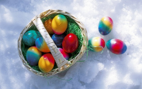 Basket of eggs at Easter in the snow