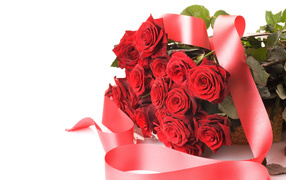 Bouquet of red roses with ribbon on March 8