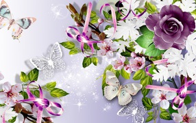 Фиолетовая роза и бабочки, картинка на восьмое марта