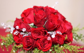 Красные розы на 8 марта с зелеными ветками