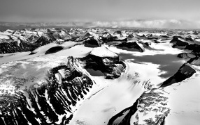 Snowy mountains, black-and-white photo