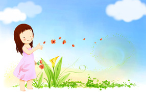 Girl takes the petals on the wind