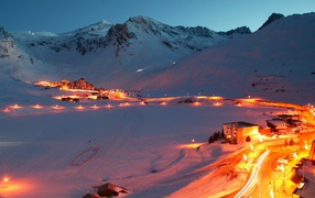 Night lights at the ski resort of Tignes, France