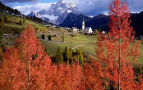 Autumn landscape in the ski resort of Selva, Italy