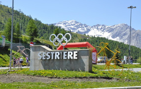 City sign at the ski resort Sestriere, Italy
