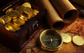 Treasure map and treasure of gold coins