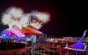 Fireworks over the stadium at the opening of the Olympic Games in Sochi