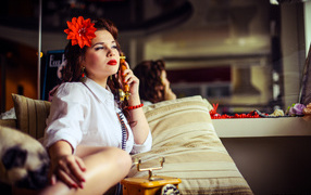 Girl and retro phone
