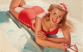 Girl in a red bathing suit, retro