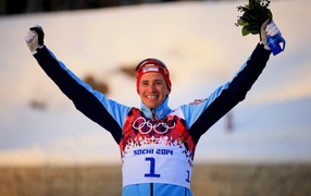 Обладатель золотой медали норвежский лыжник Ола Виген Хаттестад на олимпиаде в Сочи