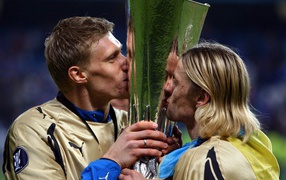 Pavel Pogrebnyak player of team Russia kisses the cup