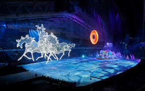 Russian triple over the field of the stadium at the opening of the Olympic Games in Sochi