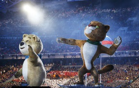 Символы Олимпиады в Сочи на фоне трибун