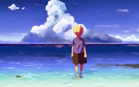 Мальчик стоит в воде у берега, аниме Наруто