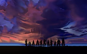 Anime characters Attack of the Titans against the background of clouds