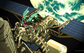 Anime characters on the space station above the Earth