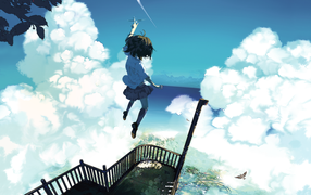 Девушка аниме парит в облаках
