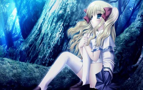 Anime girl in school uniform in a dark forest