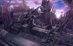 Девушка аниме смотрит на руины города