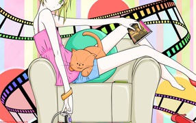 Девушка аниме с рыжим котом на коленях