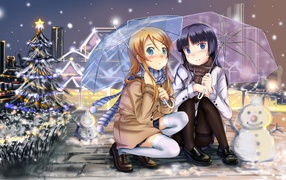 Anime girls under transparent umbrellas