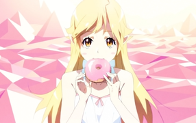 Blonde anime girl pink donut eating