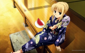 Девушка кушает арбуз в аниме Fate Series