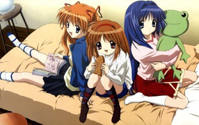 Girlfriends with toys sitting on the bed, anime