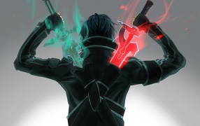 Зеленый и красный меч у героя аниме Sword Art Online